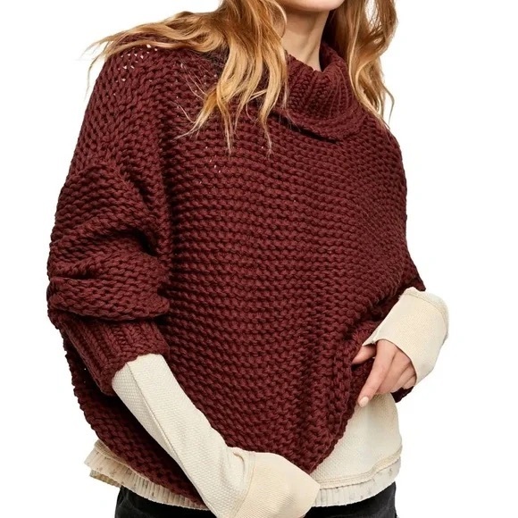 Free People Sweaters - Free People My Only Sunshine Sweater Chunky Knit Mock Chocolate Merlot XS NWT